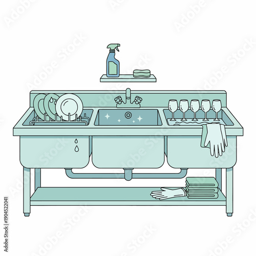 hotel kitchen sanitizing concept with plates, glasses and disinfectant bottle near sink, flat vector illustration