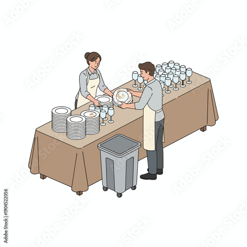 catering service staff collecting stacked plates and glasses into container, flat vector illustration