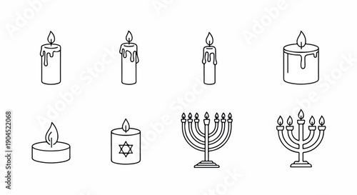 Line art illustration of various candles and menorahs on a white background in a simple, iconic style.