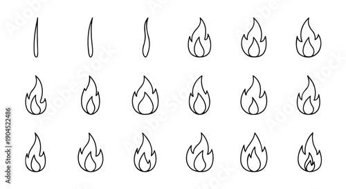 A collection of hand-drawn flame icons in various stages of burning, depicted in a simple line art style against a clean white background.