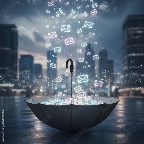 Umbrella Catching Falling Emails
Description: Emails visually raining into an open umbrella.
