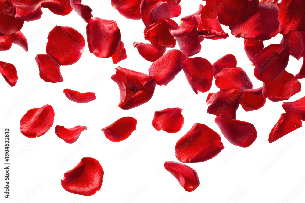 Fototapeta premium Falling red rose petals isolated on transparent background. Red rose petals falling gently isolated on white background.