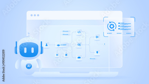 AI workflow automation artificial intelligence. ai agent workflow diagram dashboard machine learning with processing module, data pipelines and automation flow.
