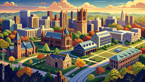 Very beautiful aerial establishing shot of Yale University campus and downtown New Haven, illustrating the close relationship between academic heritage and urban development.