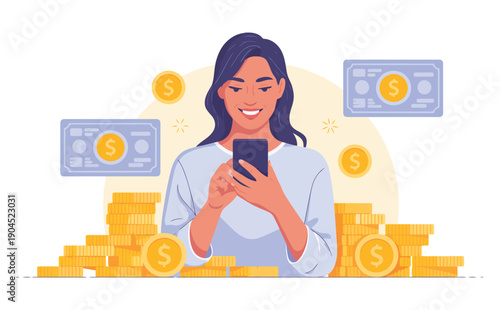 Woman smiling while using mobile phone for digital finance and online investing