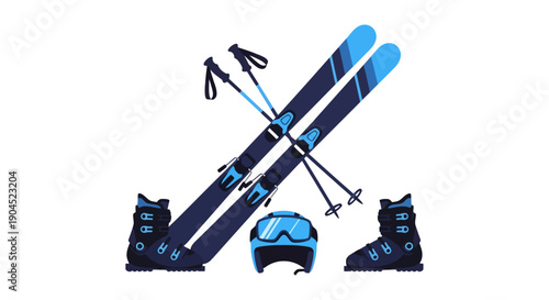 Blue winter ski equipment including skis, poles, helmet, and boots for snow sports