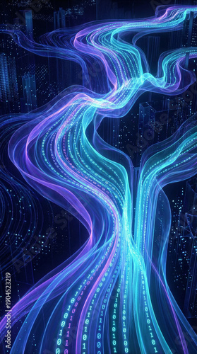 Abstract digital data visualization with flowing lines and binary code numbers.