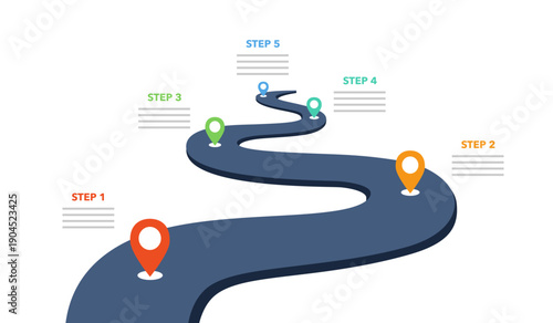 Roadmap with 5 step point to success infographic. Business timeline, Workflow, Production, Milestone concept
