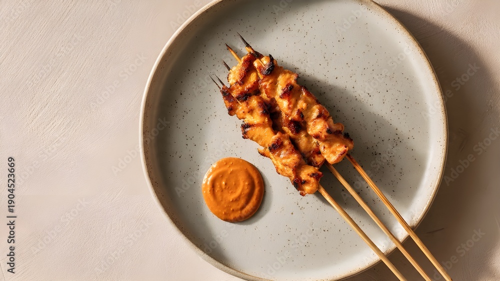 Fototapeta premium ​Top View of Chicken Satay Skewers with Peanut Sauce on Minimalist Ceramic Plate