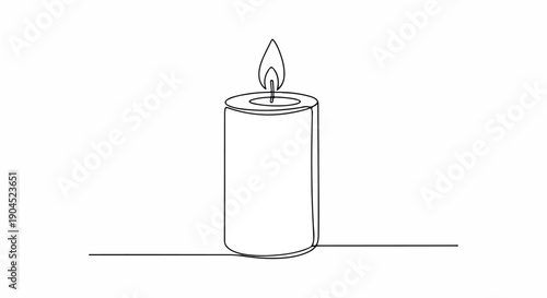 Line drawing of a single lit candle on a white background with a minimalist style and a calm mood.