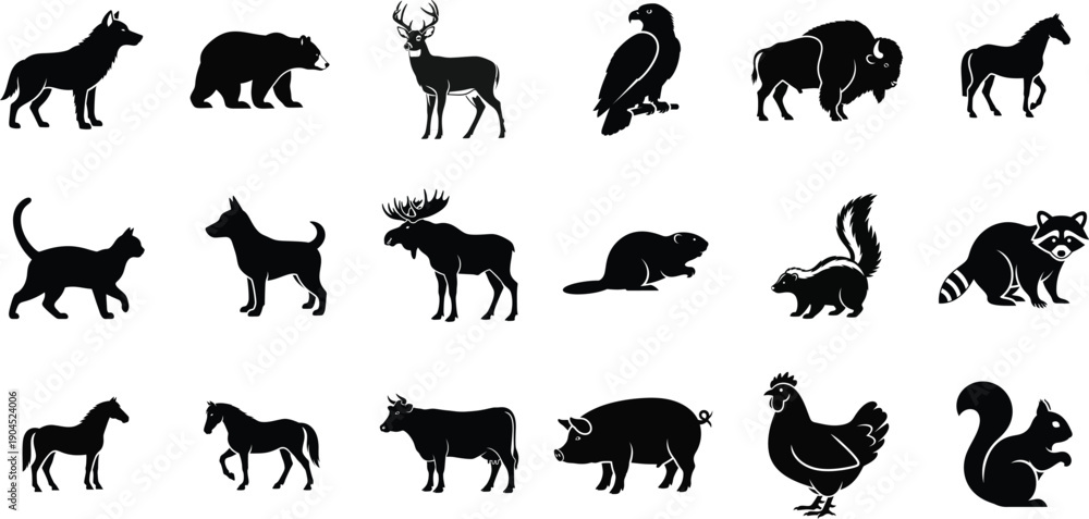 Obraz premium Collection of animal silhouettes featuring various species in profile