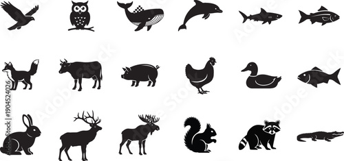 Collection of various animal silhouettes in rows
