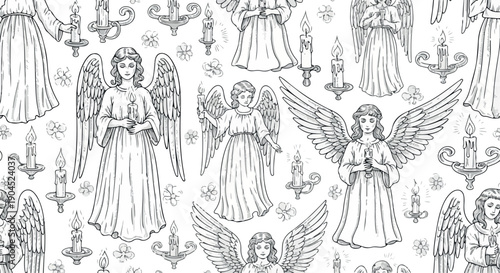 Seamless pattern of black and white angel illustrations with candelabras and stars on a white background in a classic, illustrative style with a serene mood.
