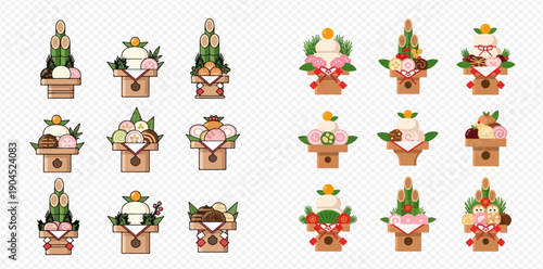 Set of traditional Japanese New Year decorations, Kadomatsu and Kagami Mochi, vector illustration.
