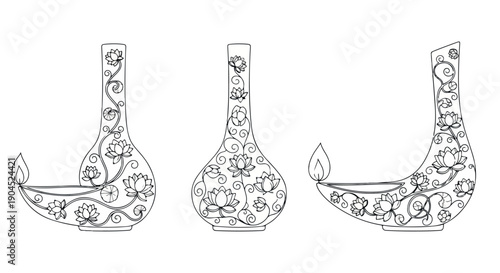 Detailed line drawing of three ornate diya lamps with intricate designs and gemstones on a white background.