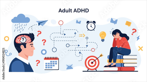 Adult ADHD Awareness and Mental Health Vector Banner,