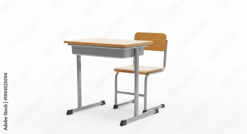 Fototapeta premium Simple school desk and chair set isolated on a white background