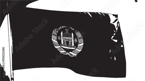 Afghanistan flag with emblem in monochrome grayscale on torn paper texture for historical documentation