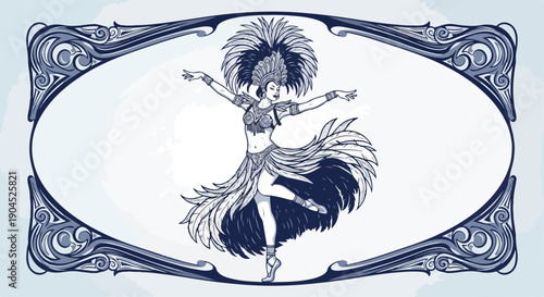 Monochromatic illustration of a dancer in a flowing costume within an ornate oval frame on a light blue background.