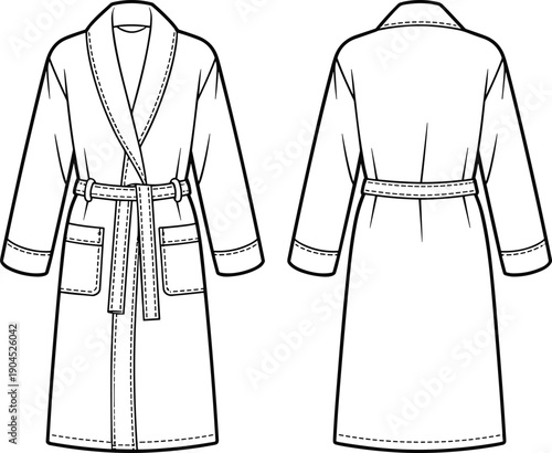 Front and back technical fashion illustration of classic bathrobe with belt, pockets, long sleeves, flat sketch design for apparel production and garment specification sheets