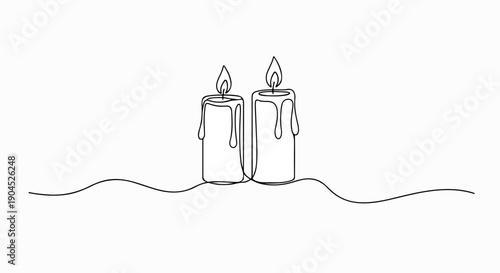 Continuous line drawing of two lit candles on a white background with a wavy line underneath, creating a simple and elegant composition.