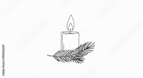 Black and white line drawing of a lit candle with a pine branch on a plain white background.