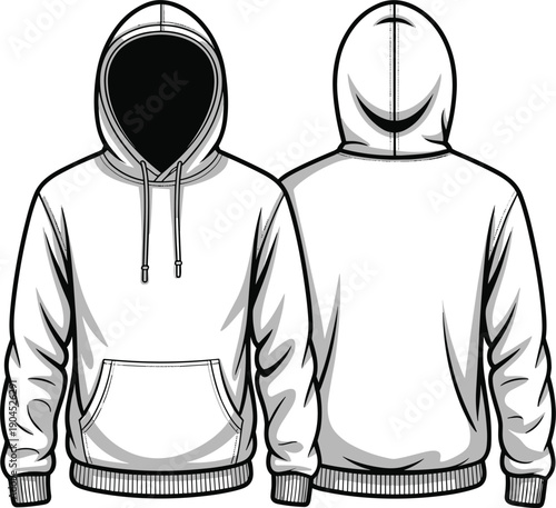 Front and back view hoodie sweatshirt vector illustration, blank pullover apparel mockup template, casual streetwear clothing design isolated on white background