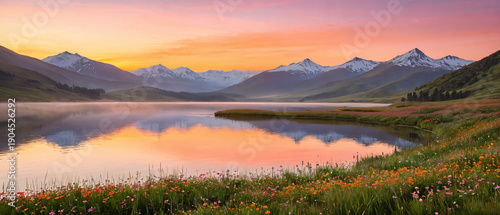Panel kuchenny z motywem Sonnenuntergang über einem Bergsee mit blühenden Almwiesen und schneebedeckten Gipfeln