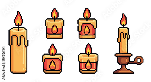 Pixel art illustration of six lit candles in various shapes and sizes on a white background with warm tones and a cozy mood.