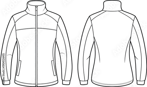 Front and back view technical jacket vector illustration showing modern outerwear design, detailed seam lines, zipper closure, collar style, apparel template for fashion production and mockups