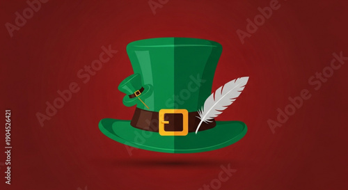 Green Leprechaun Hat with Golden Buckle and Feather on Red Background