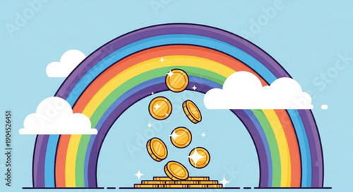 Rainbow with Golden Coins Falling into Pot of Gold at End, Symbolizing Luck and Prosperity