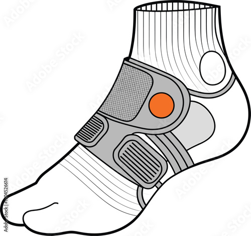 Medical ankle support brace illustration showing orthopedic foot stabilizer, elastic compression sock, adjustable straps and protective padding for injury recovery, sports protection,