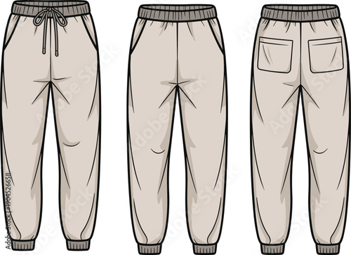 Men jogger pants technical fashion illustration showing front back views elastic waistband drawstring cuffs casual sportswear trousers flat design vector template
