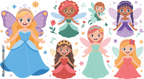 Cute fairy princess characters illustration set featuring magical girls with wings in colorful dresses isolated on white background