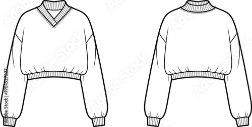 Technical flat sketch of a women's oversized cropped sweater featuring a V-neck ribbed collar, drop shoulders, long sleeves, and elasticated hemline CAD illustration.