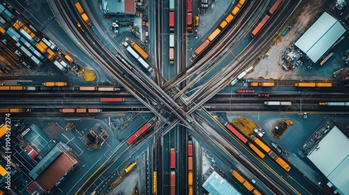 Aerial View of Busy Highway Interchange with Trucks.