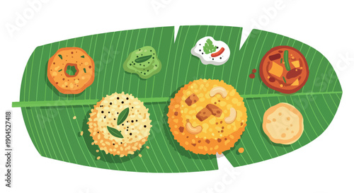 Traditional Indian food served on a green banana leaf with various dishes and condiments.