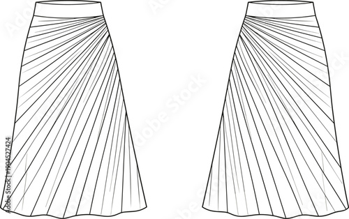 Technical flat sketch of a women's high waisted midi skirt featuring sunburst pleated details, a slim waistband, and front and back view CAD illustration.