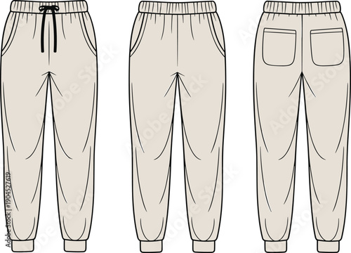 Technical fashion flat sketch of jogger pants showing front, back, and side views with elastic waistband, drawstring, pockets, modern casual sportswear design