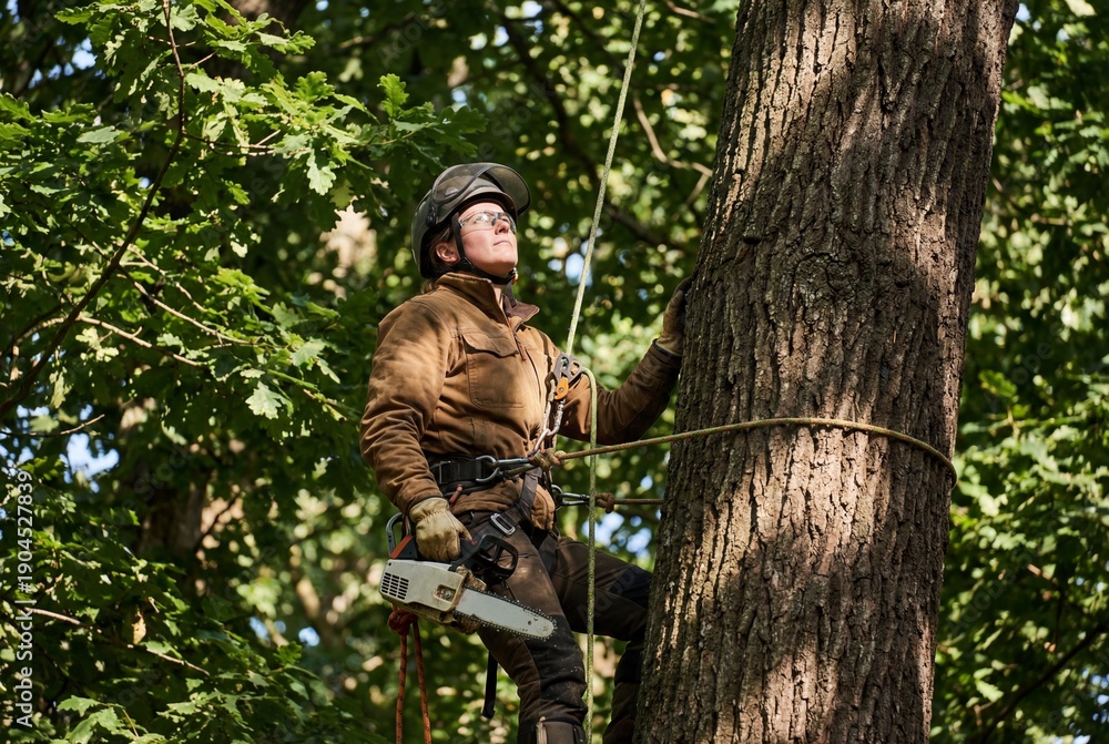 Fototapeta premium A female arborist with a chainsaw and safety gear climbs a large tree using ropes and a harness