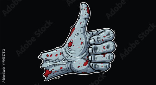 Severed blue zombie hand giving a thumbs up gesture with blood splatters, creepy undead limb for Halloween horror design isolated on black background vector.