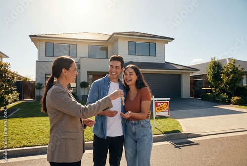 Real estate agent handing keys to happy young couple in front of new modern home