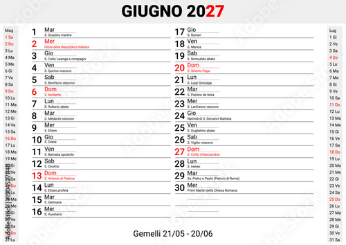 June 2027 Italian Saints Calendar with Zodiac Signs Gemini and Cancer, Minimalist Botanical Monthly Planner