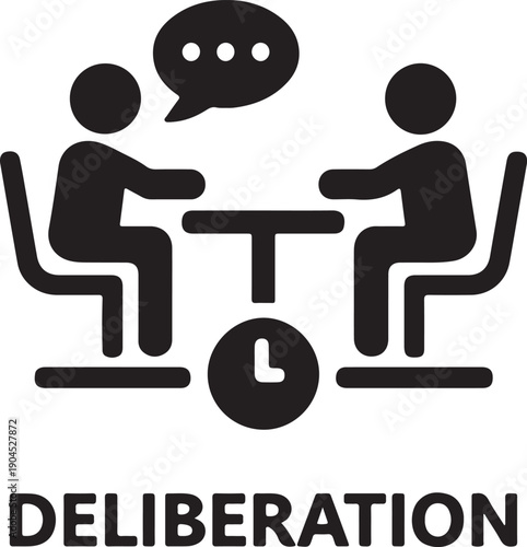 Deliberation Icon with People, Speech Bubble, and Clock Silhouette