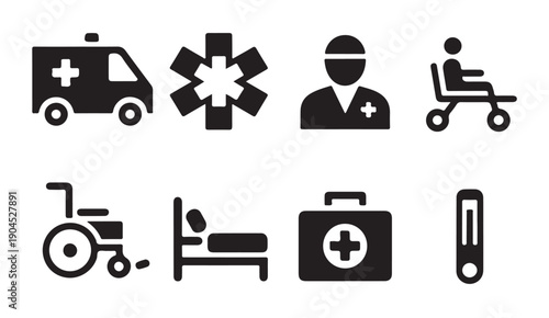 Assorted medical and hospital icons for emergency and patient care