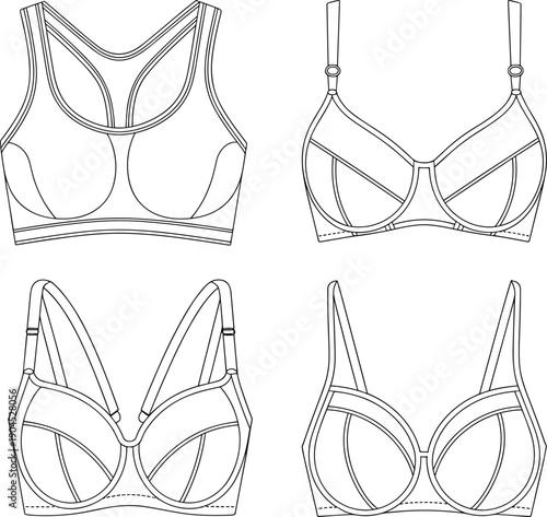 Technical fashion line drawing of women’s bra designs showing multiple views, lingerie construction details, underwire support, adjustable straps, and apparel pattern illustration vector