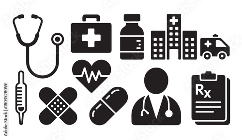 Set of medical and healthcare icons with doctor, hospital, ambulance, and prescription