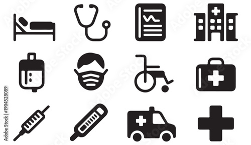 Healthcare icons collection with hospital bed, mask, wheelchair, and medical cross