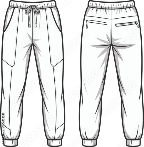 Technical fashion illustration of jogger pants front and back view, detailed line art apparel design template for sportswear, streetwear, and casual clothing production